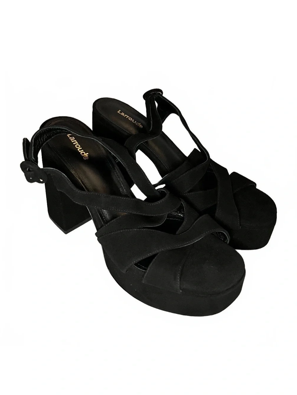 Larroudé Bee Platform Sandals Black Suede Block Heel Size 10